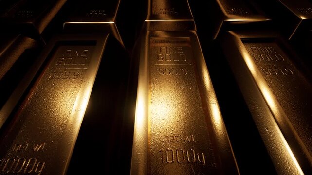 Close-up of pure 999.9 gold ingots with 1000g weight marking, illuminated in a dark bank vault or treasury. 3D animation.