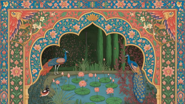 Peacock and lotus flower adorning mughal arch background
