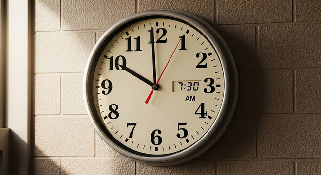 Round analog clock showing 730 A M on beige brick wall round clock white clock face