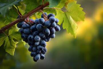 Fototapeta premium Close-up of dark blue grapes hanging from a vine, surrounded by green leaves. Sharp focus on the textured, ripe fruit with a soft yellow-green blurred vineyard background.