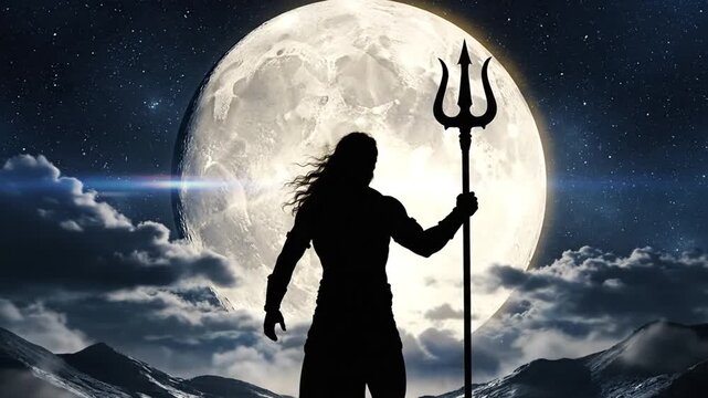 Lord Shiva silhouette with trishula at night under full moon
