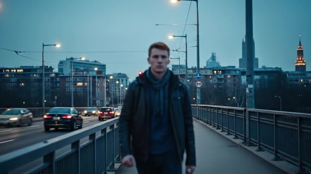 Urban Wanderer: A determined individual strides confidently across a bridge in a bustling urban environment, embodying a sense of purpose and direction amid the city's energy.