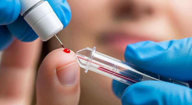 A close-up shot of a medical professional in blue gloves performing a finger-prick blood test on a patient, collecting a small blood sample into a capillary tube for analysis.