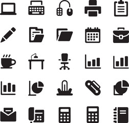 black and white office supplies and gadgets icons set