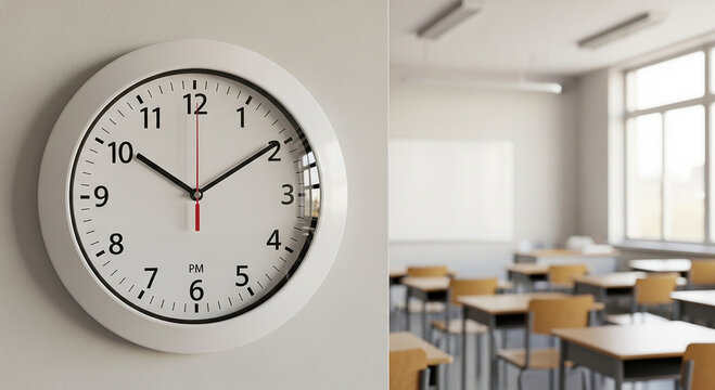 White wall clock showing 2:10 P M in a classroom with desks and windows red second hand