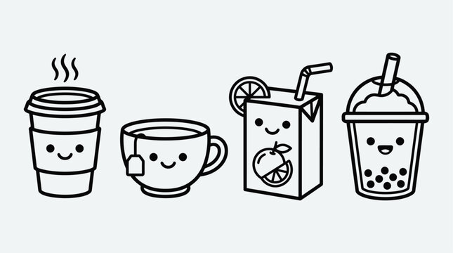 Cute black and white outline illustrations of various beverages including coffee, tea, juice, and bubble tea with smiling faces.