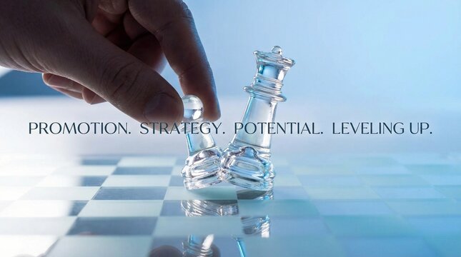 Hand moving glass chess queen, representing strategy, promotion, and leveling up.