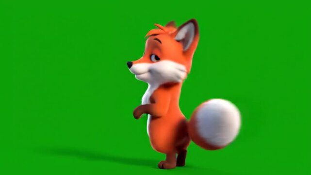 Cartoon fox waving friendly on isolated green screen background