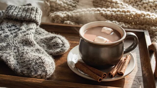 Warm beverage and cozy wool socks served on wooden tray among soft textiles