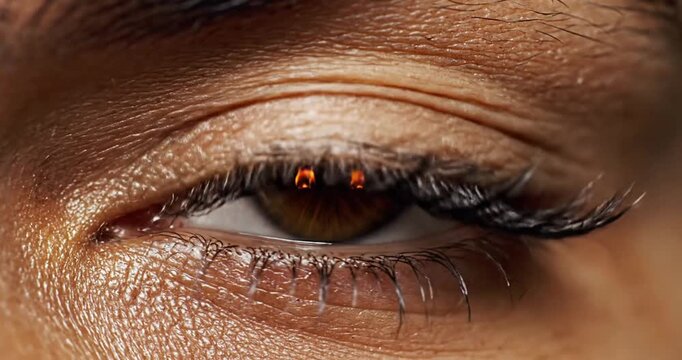 Close-up of a human eye with a fiery reflection, showcasing intricate details and emotions