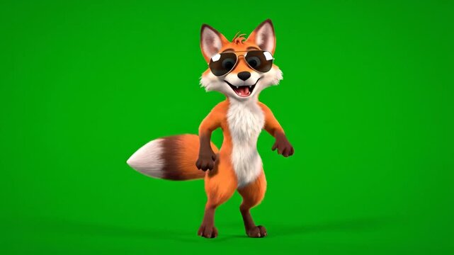 Cartoon fox with sunglasses on green screen background