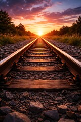 A stunning low-angle view of a railroad track converging into the horizon at sunset, representing journey, travel, and destiny.