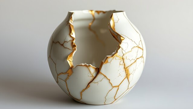bennington. Shattered ceramic vase repaired with golden lacquer, kintsugi art on simple background. event programs, museum guides, designed for cultural heritage projects and event programs.