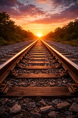 A stunning low-angle view of a railroad track converging into the horizon at sunset, representing journey, travel, and destiny.