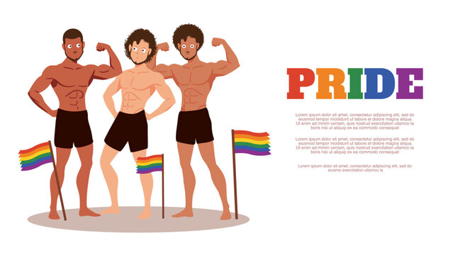 diverse group of muscular men holding rainbow flags for pride month celebration