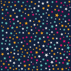 Colorful star pattern on dark blue background, vibrant hand drawn stars background for festive celebration and holiday decor.