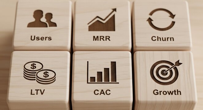 Six wooden blocks displaying key business metrics and growth indicators like Users, MRR, Churn, LTV, CAC, and Growth.