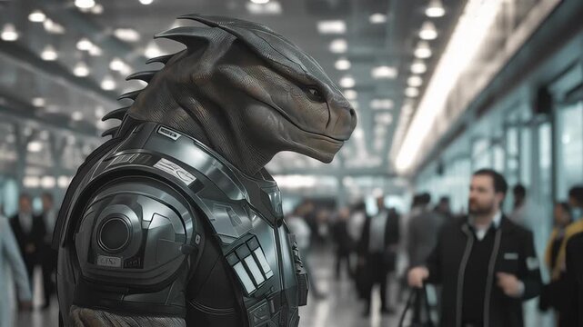 Alien humanoid in futuristic armor standing in modern office environment, sci fi character concept with advanced technology and cinematic atmosphere