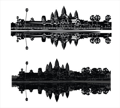 Angkor wat temple complex silhouette at sunset with reflection