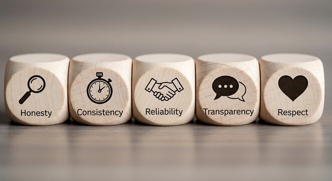 Five wooden blocks displaying core business values: Honesty, Consistency, Reliability, Transparency, and Respect, symbolizing ethical principles and trust.