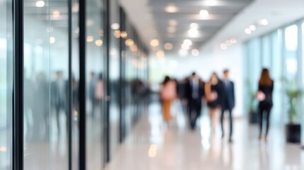 Fototapeta premium Blurred glass walls in modern office building with blurry people walking through hallway closeup, bright light bokeh effect for corporate life and work concept