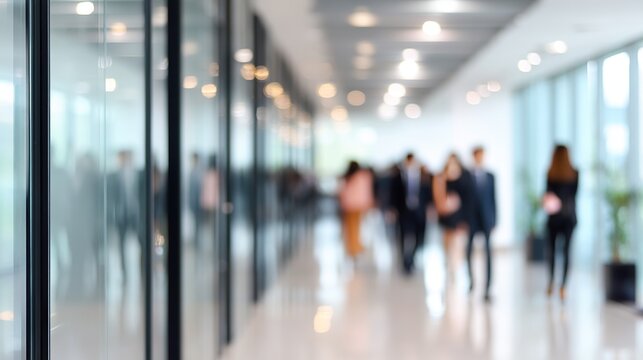 Blurred glass walls in modern office building with blurry people walking through hallway closeup, bright light bokeh effect for corporate life and work concept