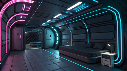 Cyberpunk capsule bedroom &mdash; curved walls, glossy black surfaces, blue/pink neon seams.