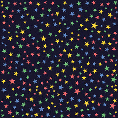 Colorful Star Pattern Background, Hand Drawn Sparkle Stars on Dark Navy, Creative Digital Solutions for Festive Wallpaper, Childish Vector Illustration