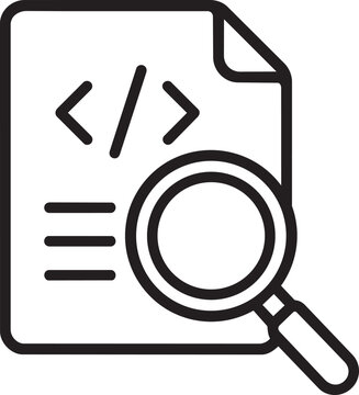 Document file with code lines and magnifying glass representing code review and script searching