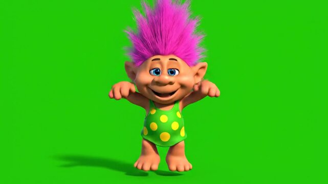 Cartoon troll character with bright pink hair and green backdrop