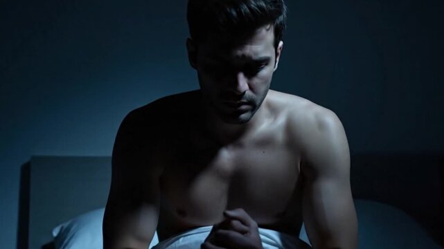 Deep Thought: A contemplative man is sitting on the bed. His face expresses an intriguing and complicated mood.