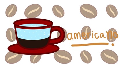 Obraz premium Hand-drawn Americano coffee illustration with espresso and water layers on coffee beans background. Minimalist cafe icon for menus, bakery branding, and shop decor. Isolated on white background.