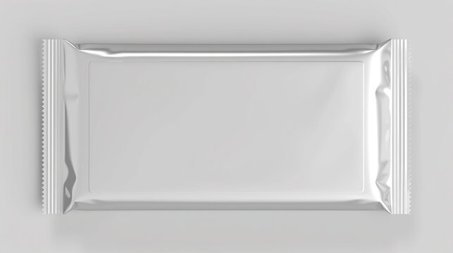 Mockup of empty silver foil candy bar packaging on clean grey background, high resolution product design for chocolate snack wrapper template.