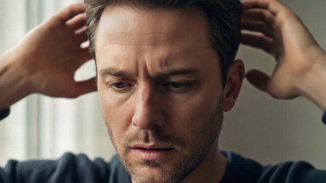 Introspection: A Man lost in Thought: A man with an introspective expression, his hand is on his hair, lost in thought.