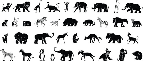 Safari Animal Silhouette Vector Collection Featuring Lion Elephant Giraffe Zebra Monkey Rhino and Other Wild Zoo Species Set © Ideasy Mind