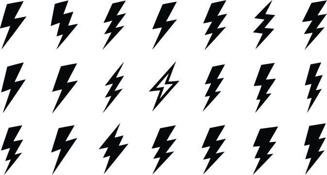A collection of black lightning bolt icons arranged in rows on a clean white background