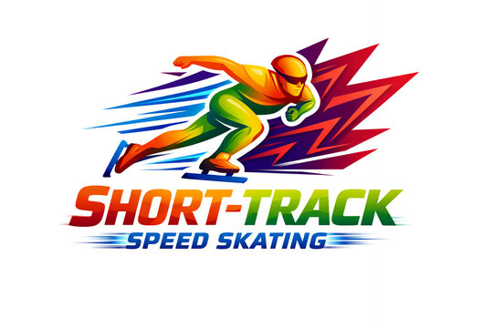 Abstract speed skater athlete and typography short-track speed skating, colorful art graphic label with text