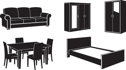 Fototapeta premium Home Furniture Icons: Sofa, Wardrobes, Dining Set, and Bed - Black and White Vector Illustrations