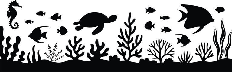 Underwater Ocean Silhouette Scene with Sea Turtle, Seahorse, Tropical Fish and Coral Reef Marine Life Vector Illustration © Ideasy Mind