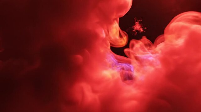 Vibrant red abstract shapes floating in dark cosmic void