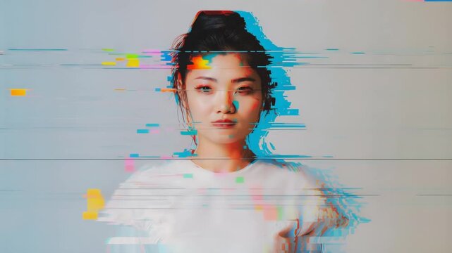 A young Asian woman with dark hair in a bun, experiencing a visual glitch effect. The image features motion blur and pixelation, creating a surreal scene.