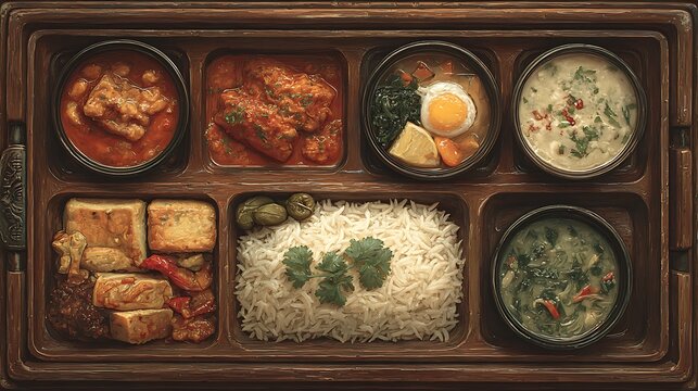 Traditional indian thali meal with rice and curries