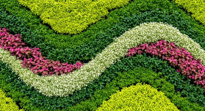 Vibrant vertical garden wall with geometric planting design | Lush abstract green wall texture with colorful wavy patterns | Ornamental living foliage background featuring magenta and lime leaves