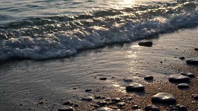Tidal Pool Water Movement Clear water slowly flowing and receding within a rocky tidal pool, creating shifting, overlapping patterns of ripples, reflections, and submerged textures. Focus on the