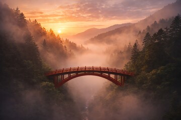 A serene and misty forest landscape at sunrise, with a stylized red arched bridge crossing a valley.
