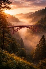 A serene and misty forest landscape at sunrise, with a stylized red arched bridge crossing a valley.