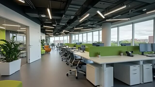 Modern office interior with green accents and workstations
