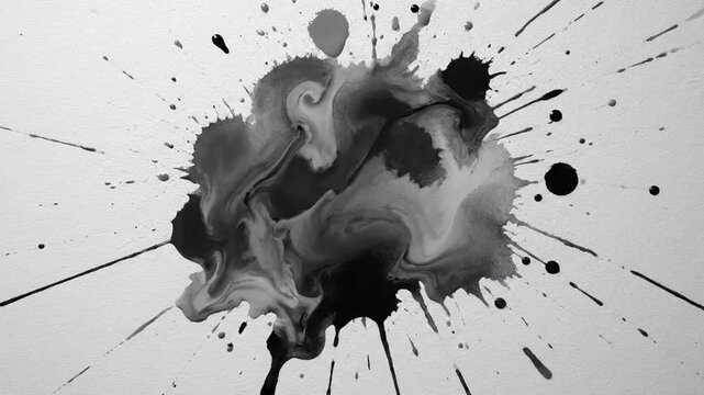 Explosive black ink splatters on white textured surface