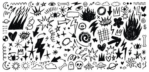 Hand drawn doodle icons set featuring black ink sketches of skulls, ufos, lightning bolts and fire. A massive vector illustration collection for edgy t-shirt prints and graffiti art. © MH HASIB