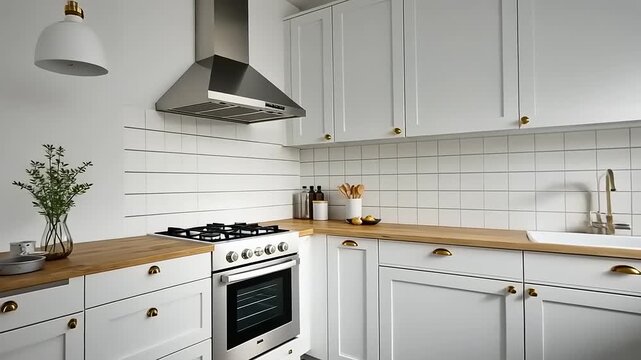 Modern white kitchen with wooden accents and plants